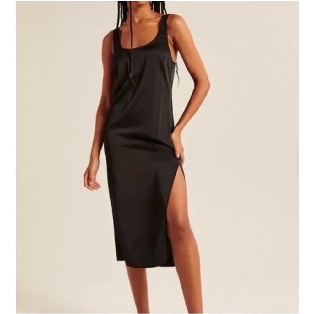Abercrombie & Fitch Satin Sleeveless Scoopneck Slit Midi Slip Dress Black Large